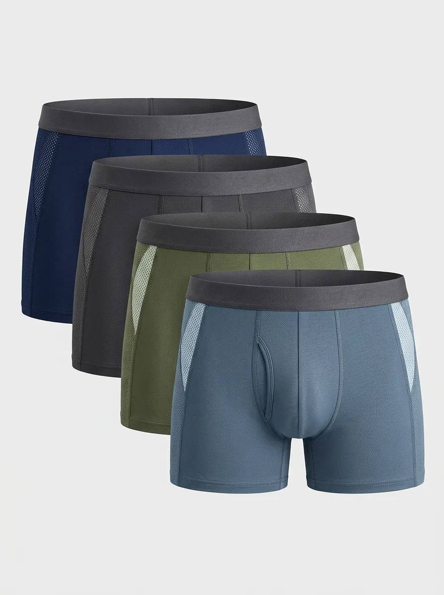 Mesh Breathable-Look Textured Solid Men's Boxer Briefs Four-Pack