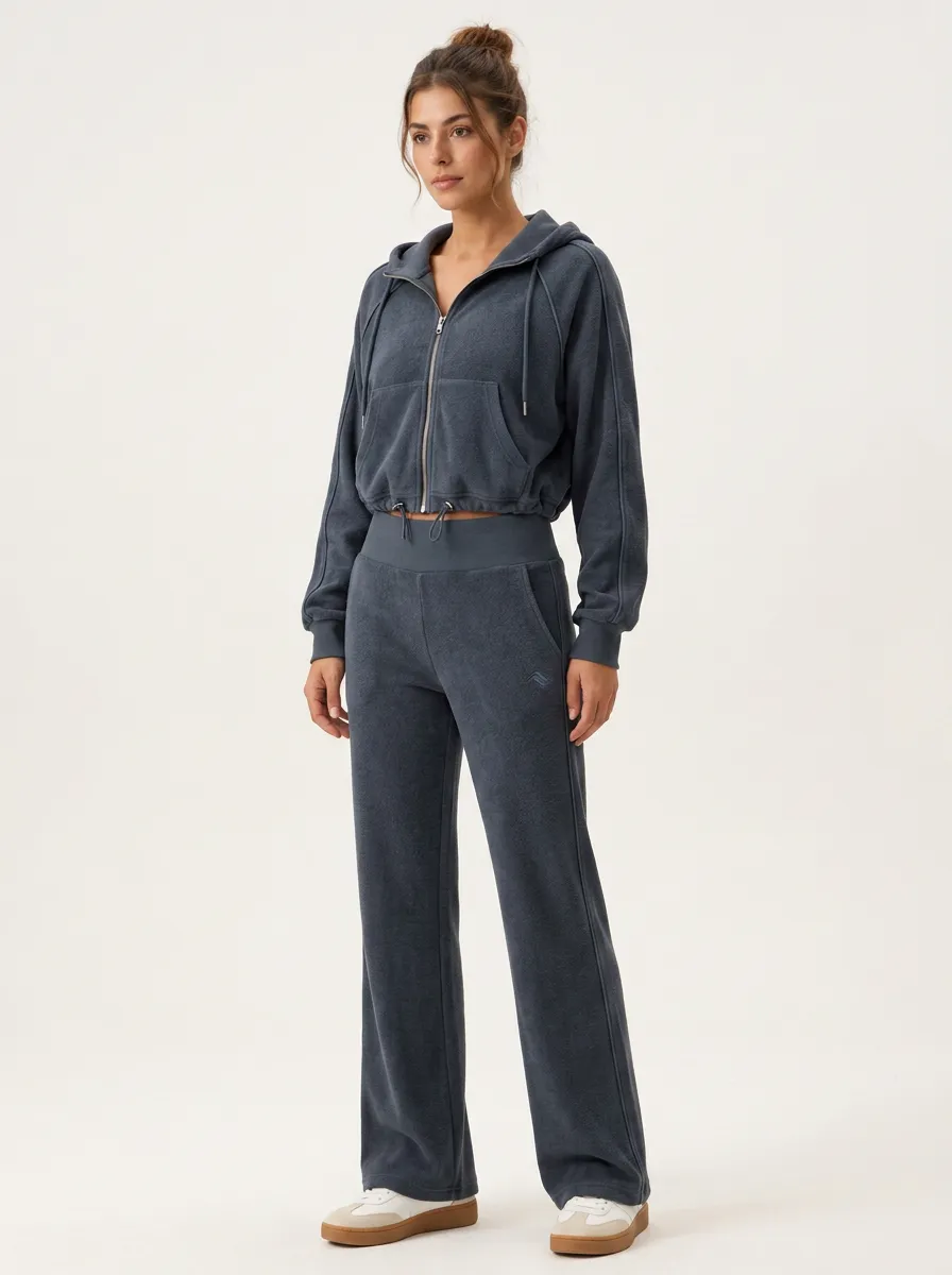 Women's Casual Fleece Zip-Up Hoodie Wide-Leg Pants Set