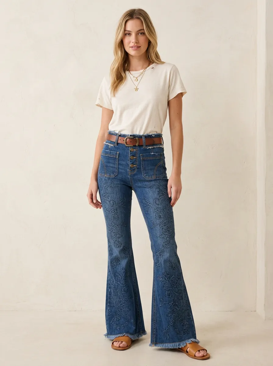 Women's Boho Style Floral Embroidered High-Waisted Flare Jeans
