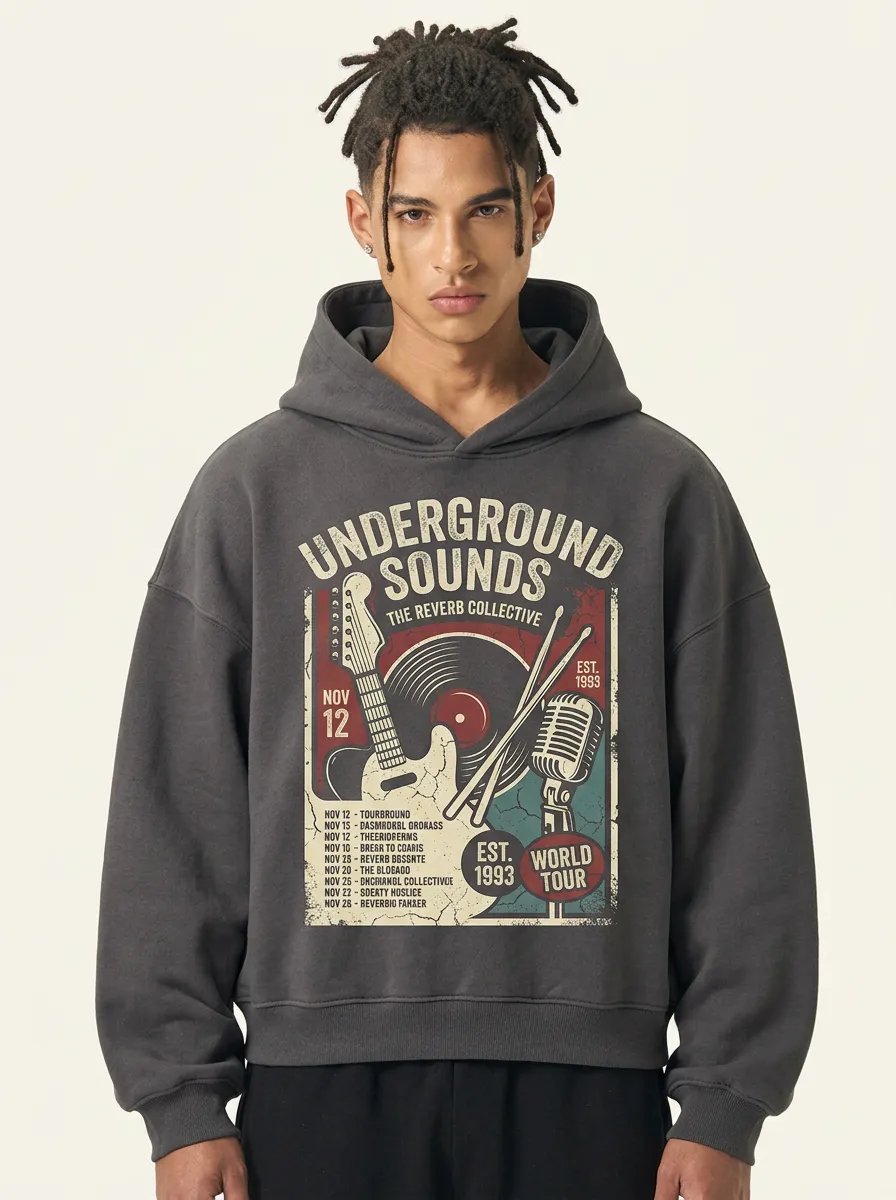 Men's Rock Music Lover Underground Sounds Guitar Vinyl Printed Hoodie