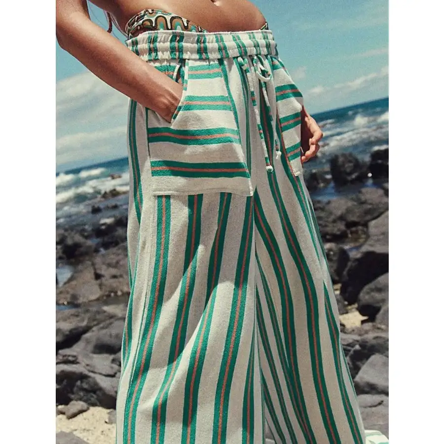 Relaxed Striped Wide Leg Drawstring Pants