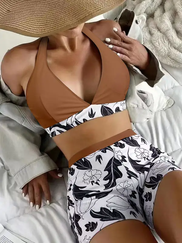 High Waist Boxer Panel Bikini Top Swim Set