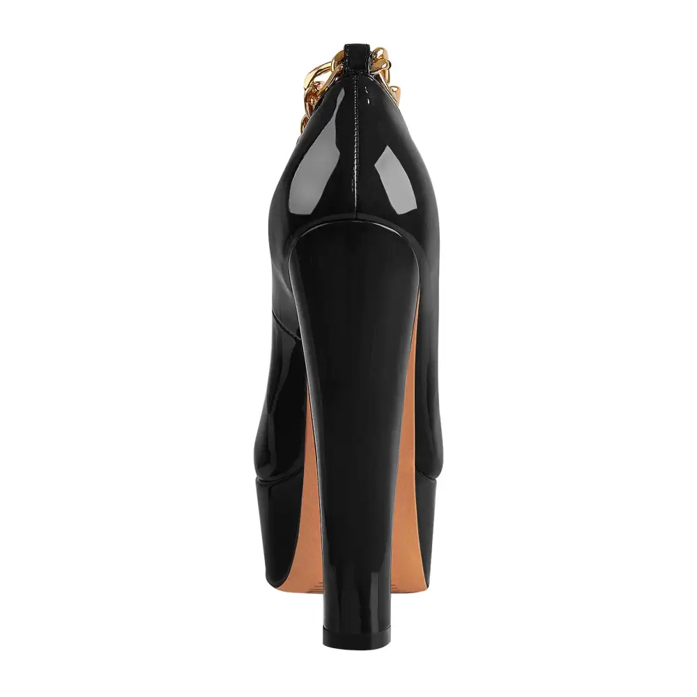 Patent Finish Round Toe Platform Chunky Heel Chain Accent Pumps