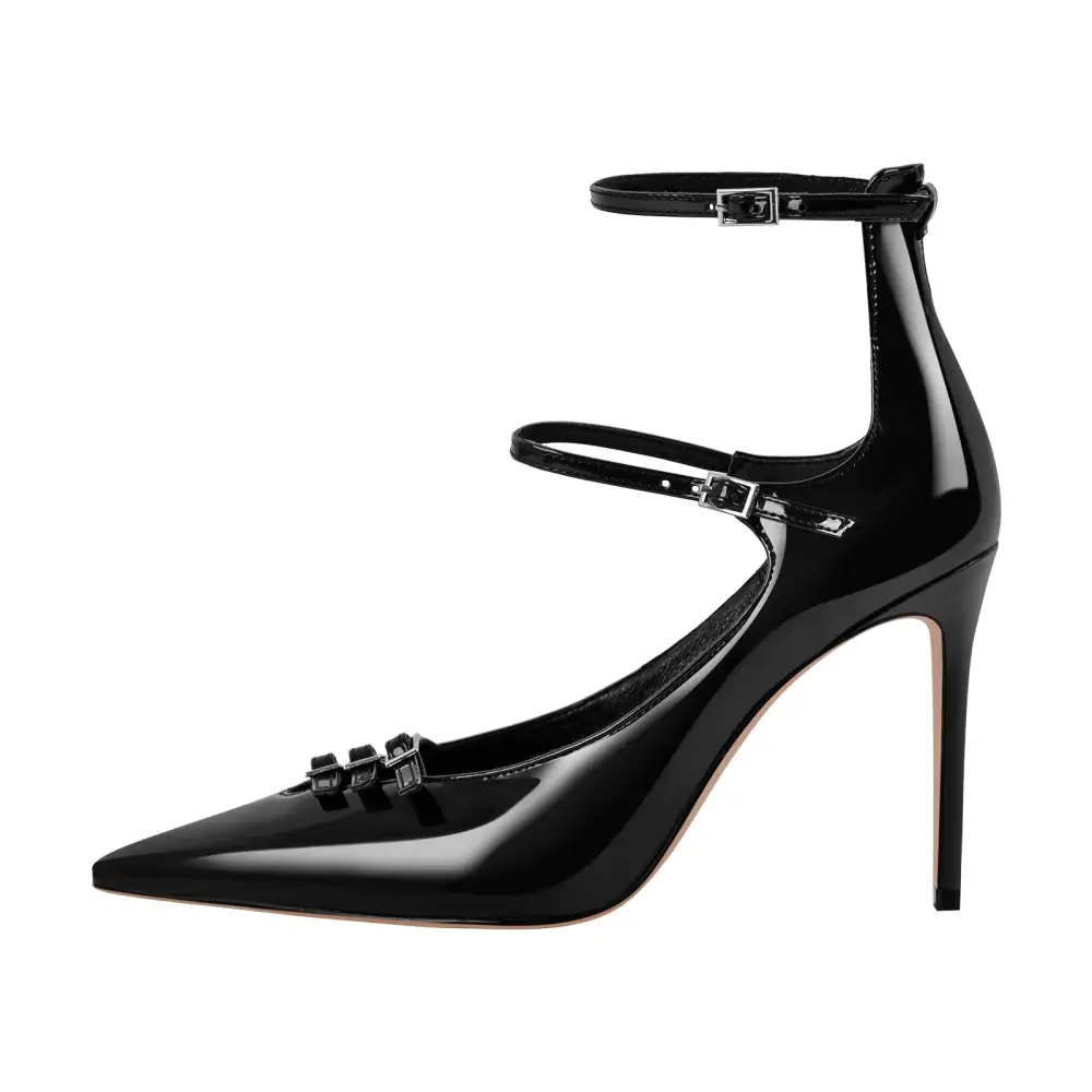 Polished Pointed Toe Stiletto Ankle Strap Pumps