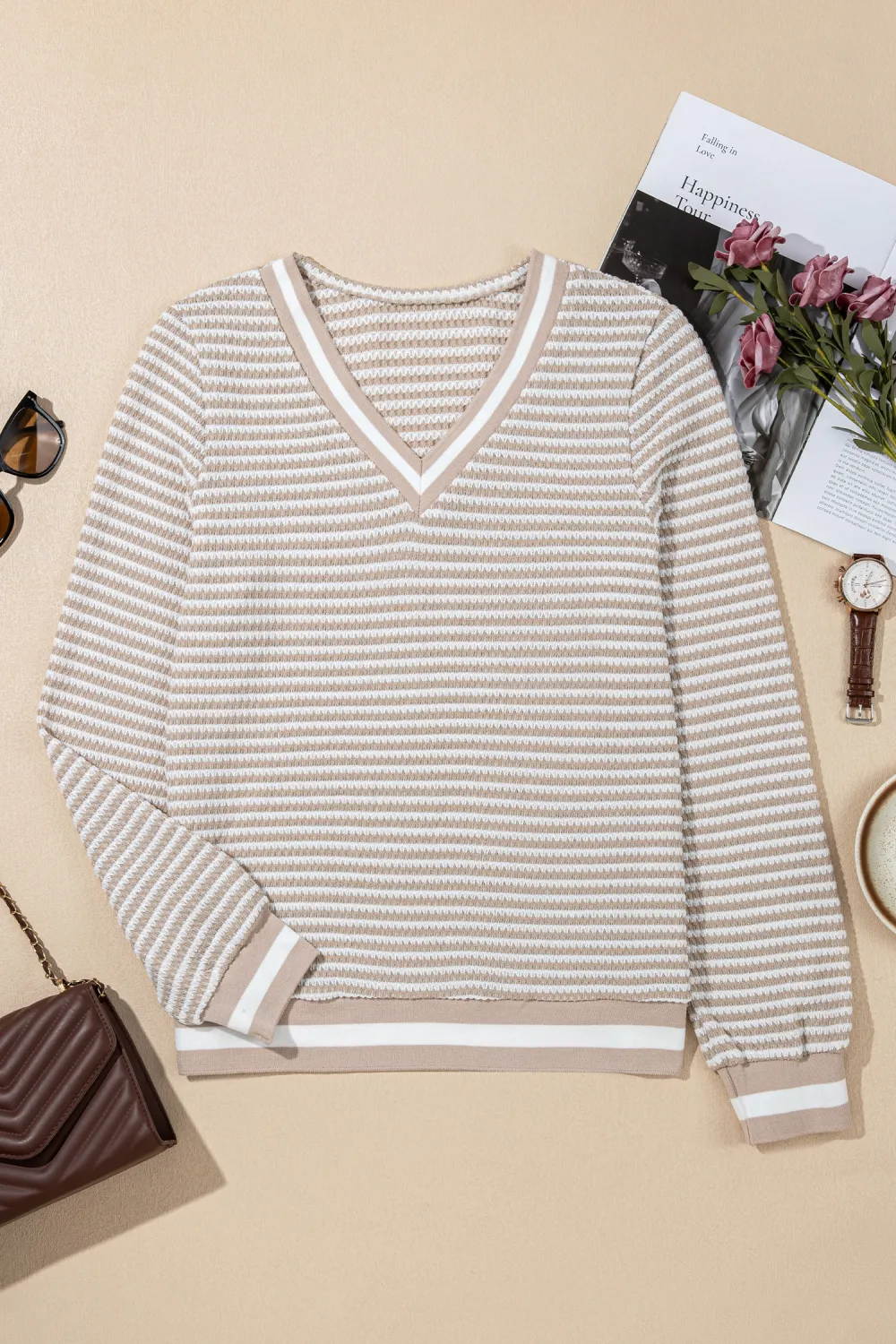 Beige Striped Textured Knit V Neck Top