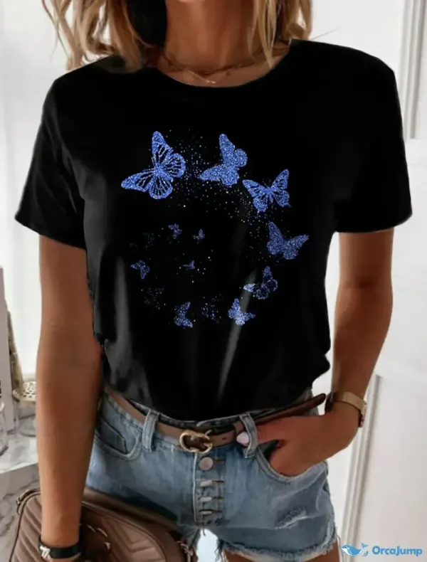 Women's T-Shirt Tee with Short Sleeves and Round Neckline Featuring a 3D Butterfly Painting Print in Green, Blue,