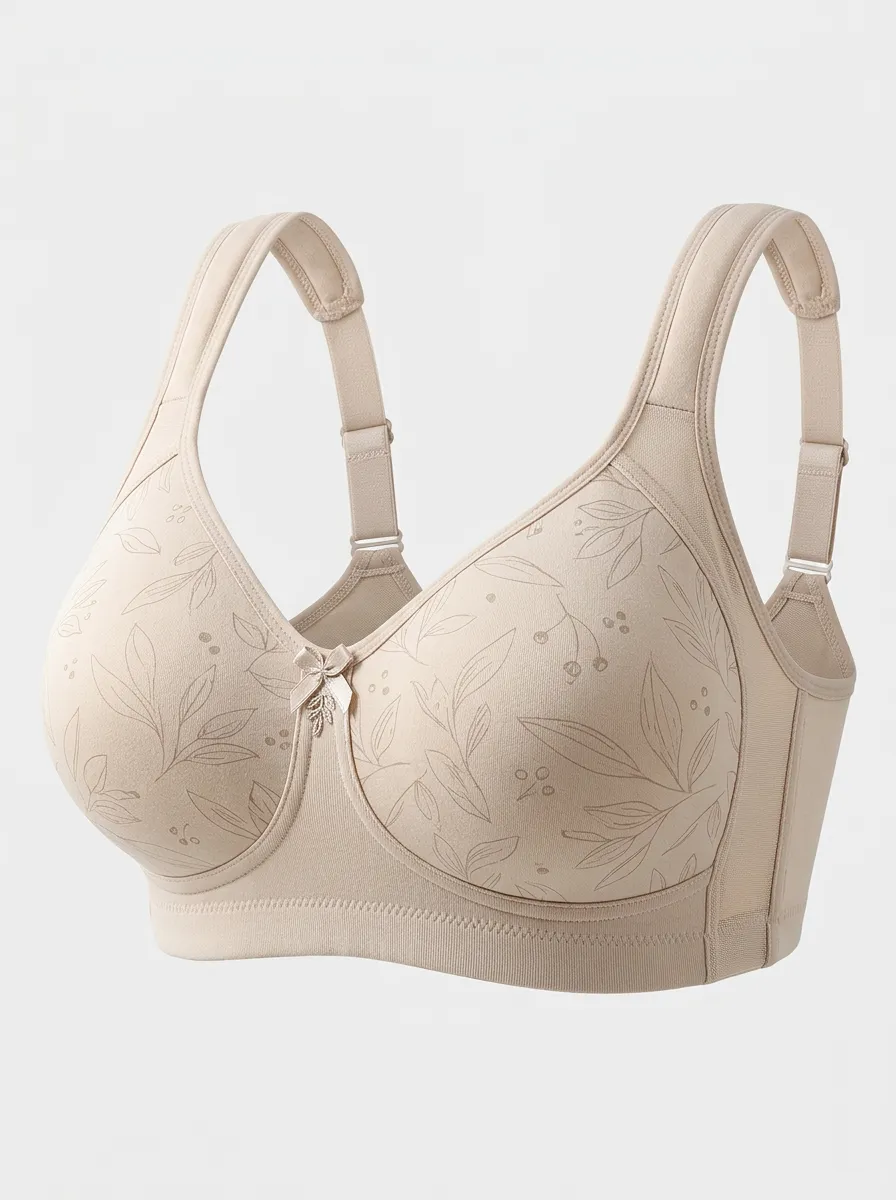 Women's Plus Size Beige Botanical Leaf Full-Coverage Bow-Detail Wireless Bra