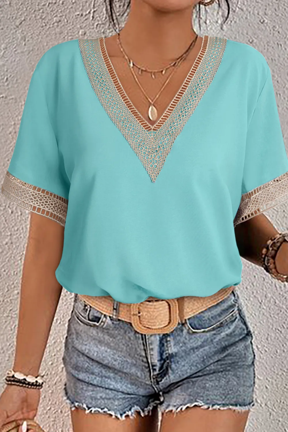 Green Lace Trim V Neck Blouse Style