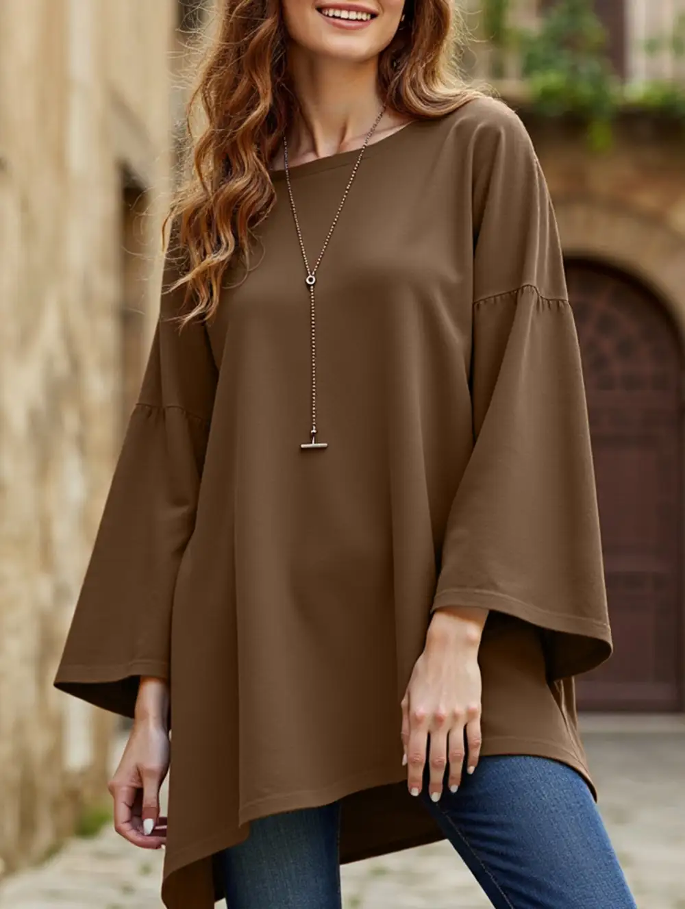 Round Neck Split Hem Long Sleeve Loose Top