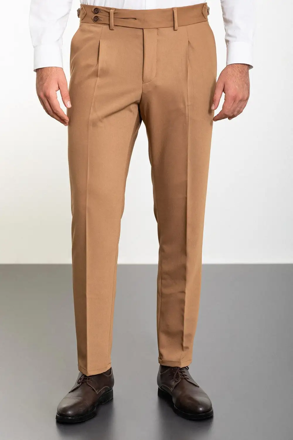 Straight Slim Fit Belt Detail Side Pocket Pleated Tailored Trousers