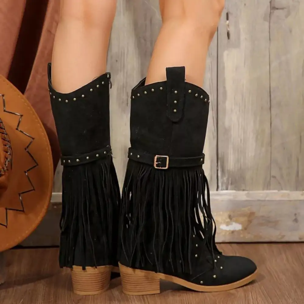 Casual Fringe Point Toe Block Heels Boots