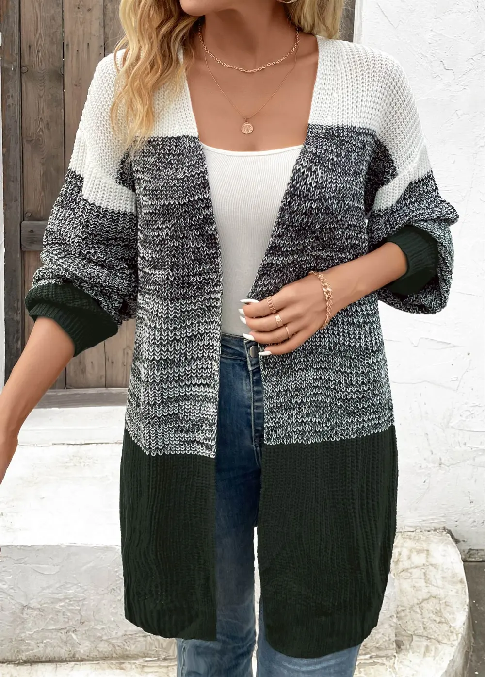 Dark Grey Patchwork Long Sleeve V Neck Coat