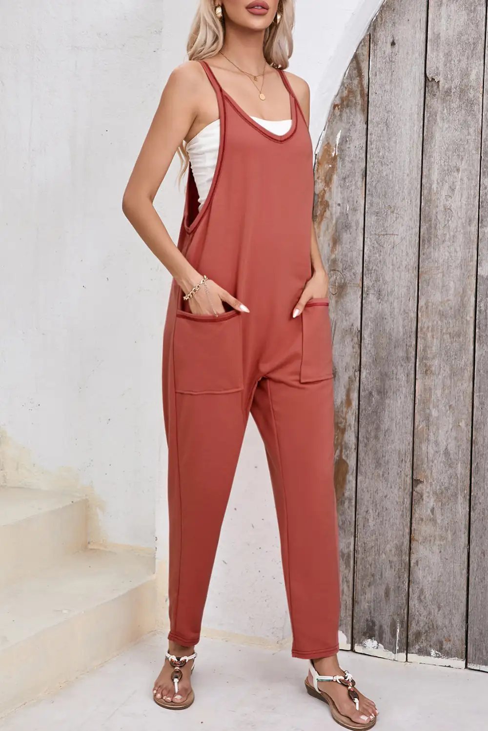 Flame Side Pockets Harem Sleeveless V Pants
