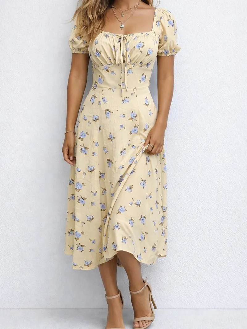 Square Neck Puff Sleeves Boho Midi Dress
