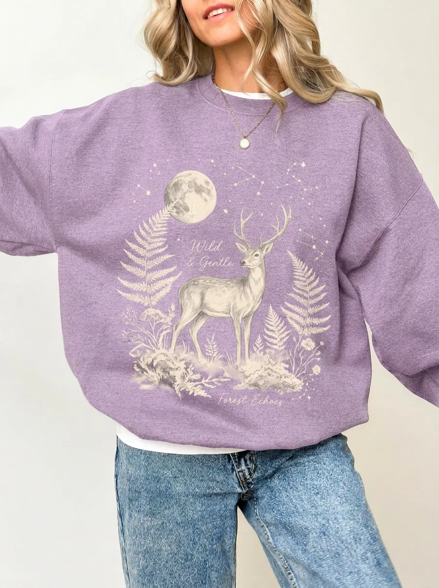 Women's Nature Deer Moon Fern Graphic Sweatshirt