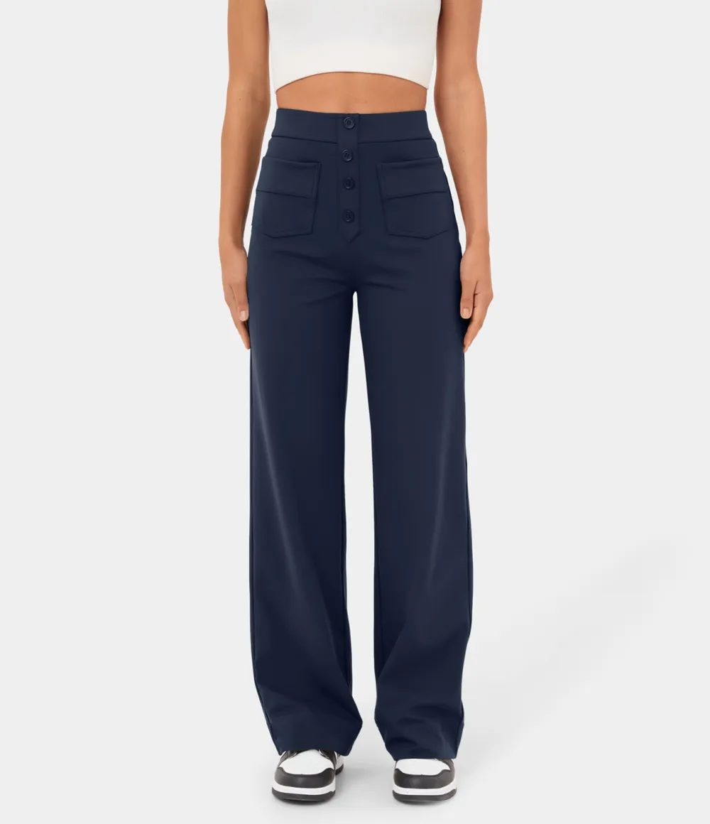 High Waisted Button Multiple Pockets Straight Leg Casual Pants
