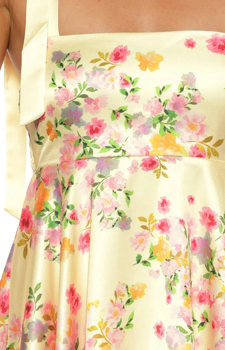 Square Neck Floral Satin Mini Dress