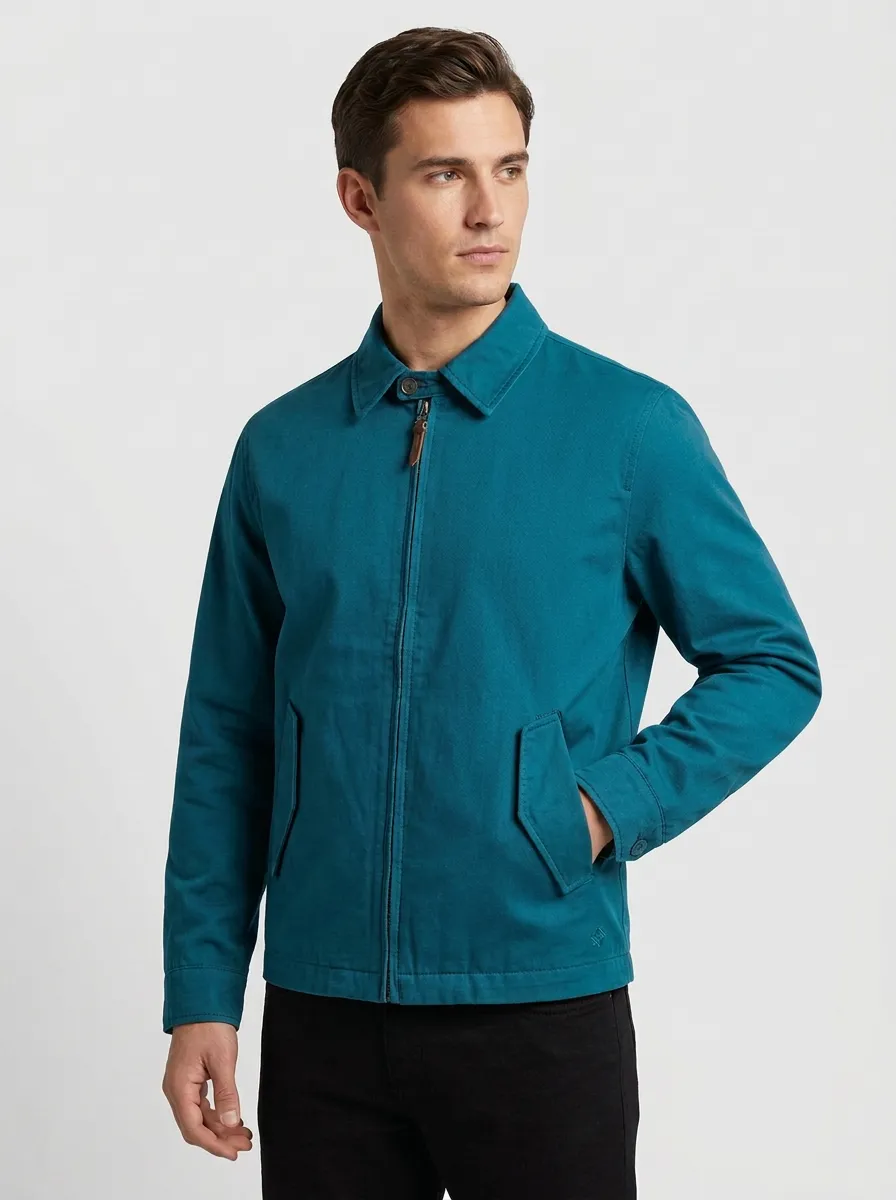 Men's Casual Minimalist Solid Blue Zip-Up Harrington Jacket