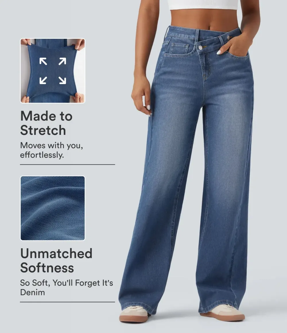 2026🔥  High-Waisted Asymmetrical Baggy Jeans — Washed Effect with Pockets