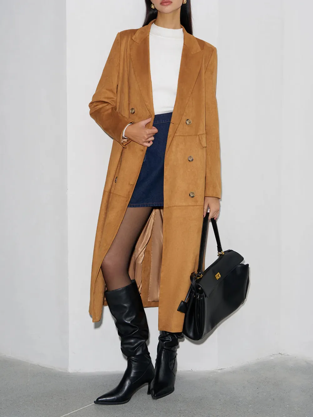 Suede Plain Double-Breasted Long Blazer