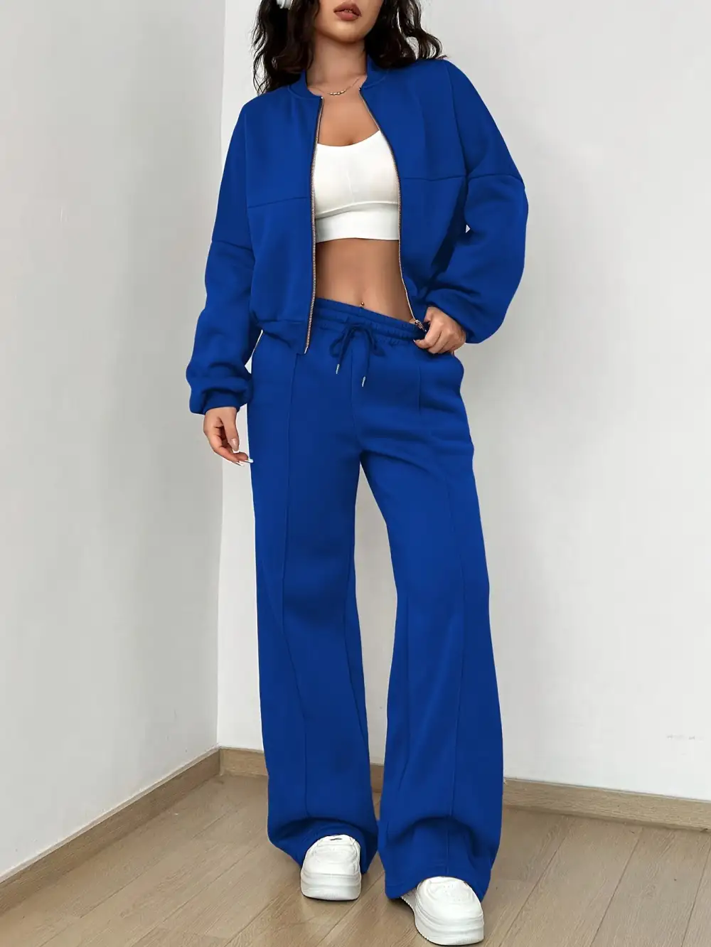 Zip-up Collarless‌ Cardigan Pants Set