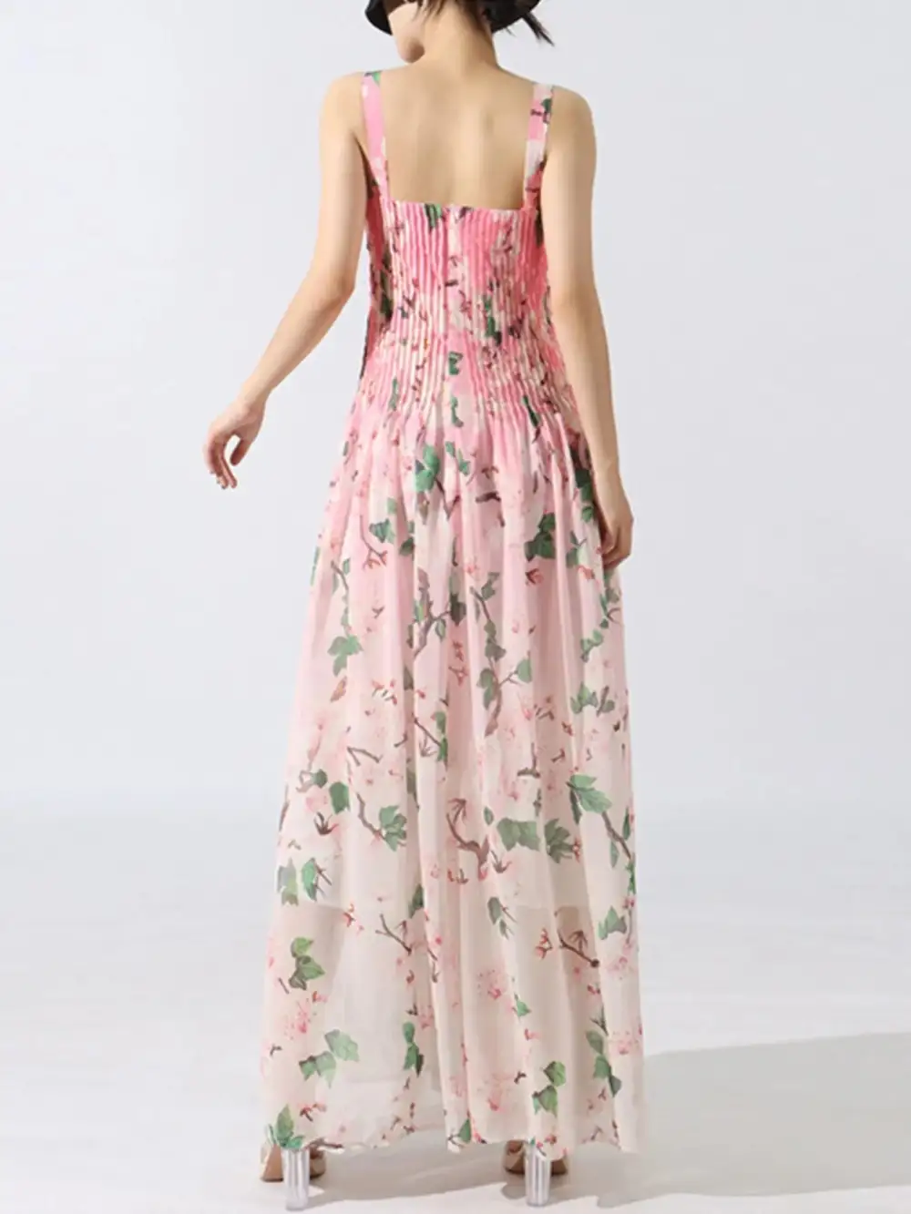 Layered Detail Floral Printed Pleated Maxi Dress