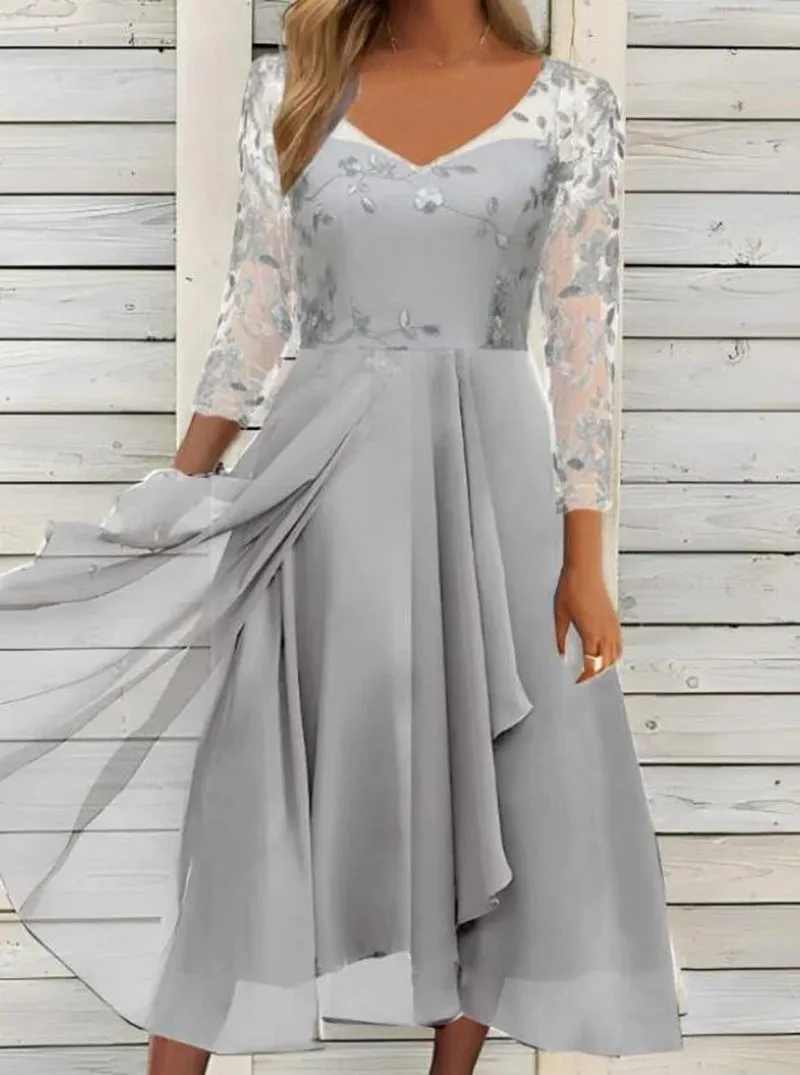 Women's Bodycon V-Neck Three-Quarter-Sleeve Chiffon Midi Dress