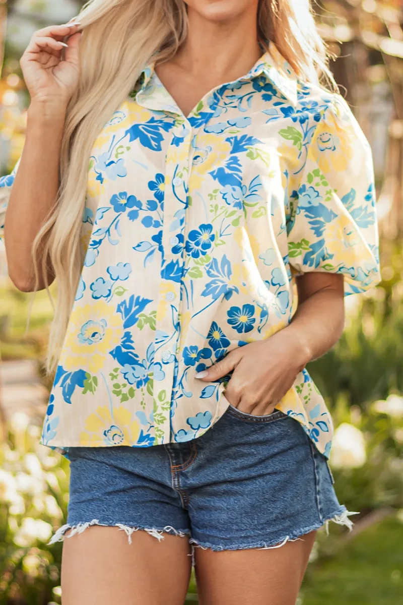 Everyday Striped Floral Puff Sleeve Blouse