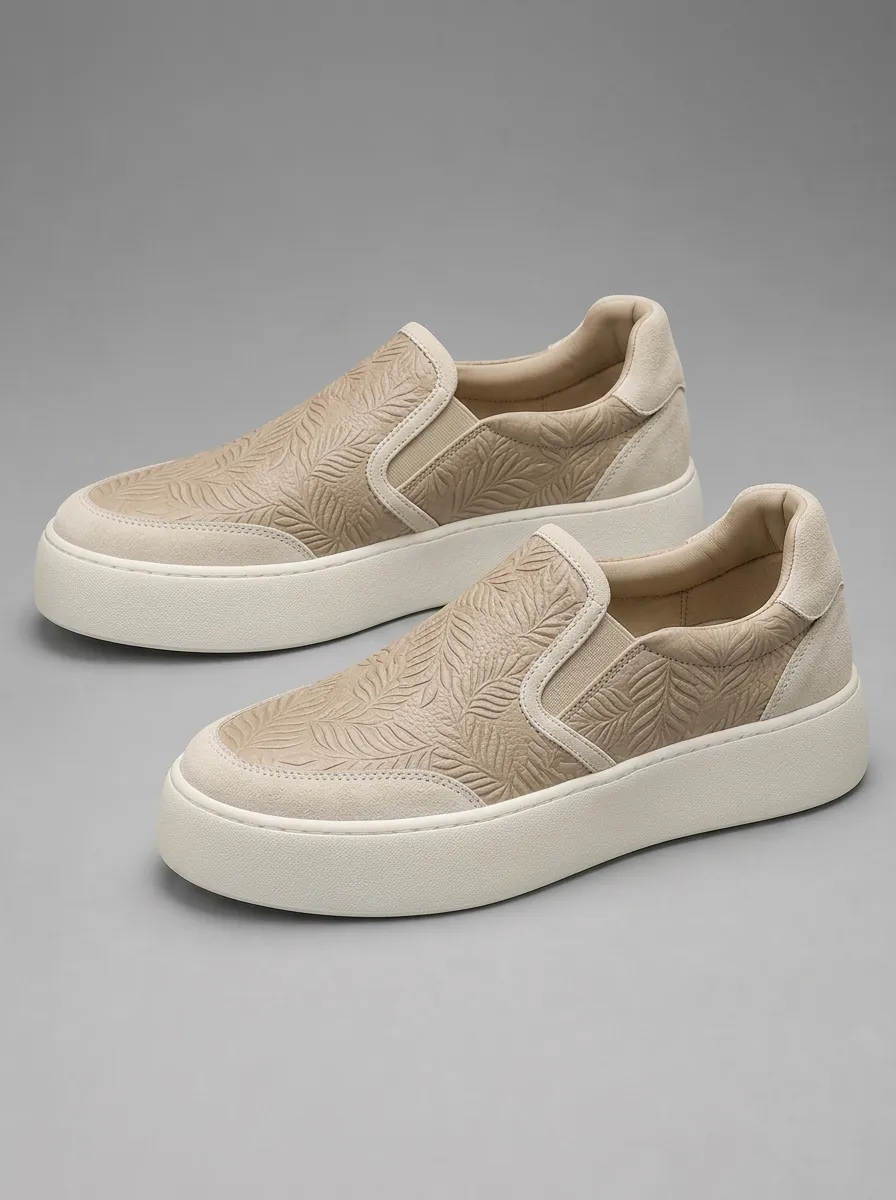 Men's Beige Leaf Pattern Embossed Printed Slip-on Shoes