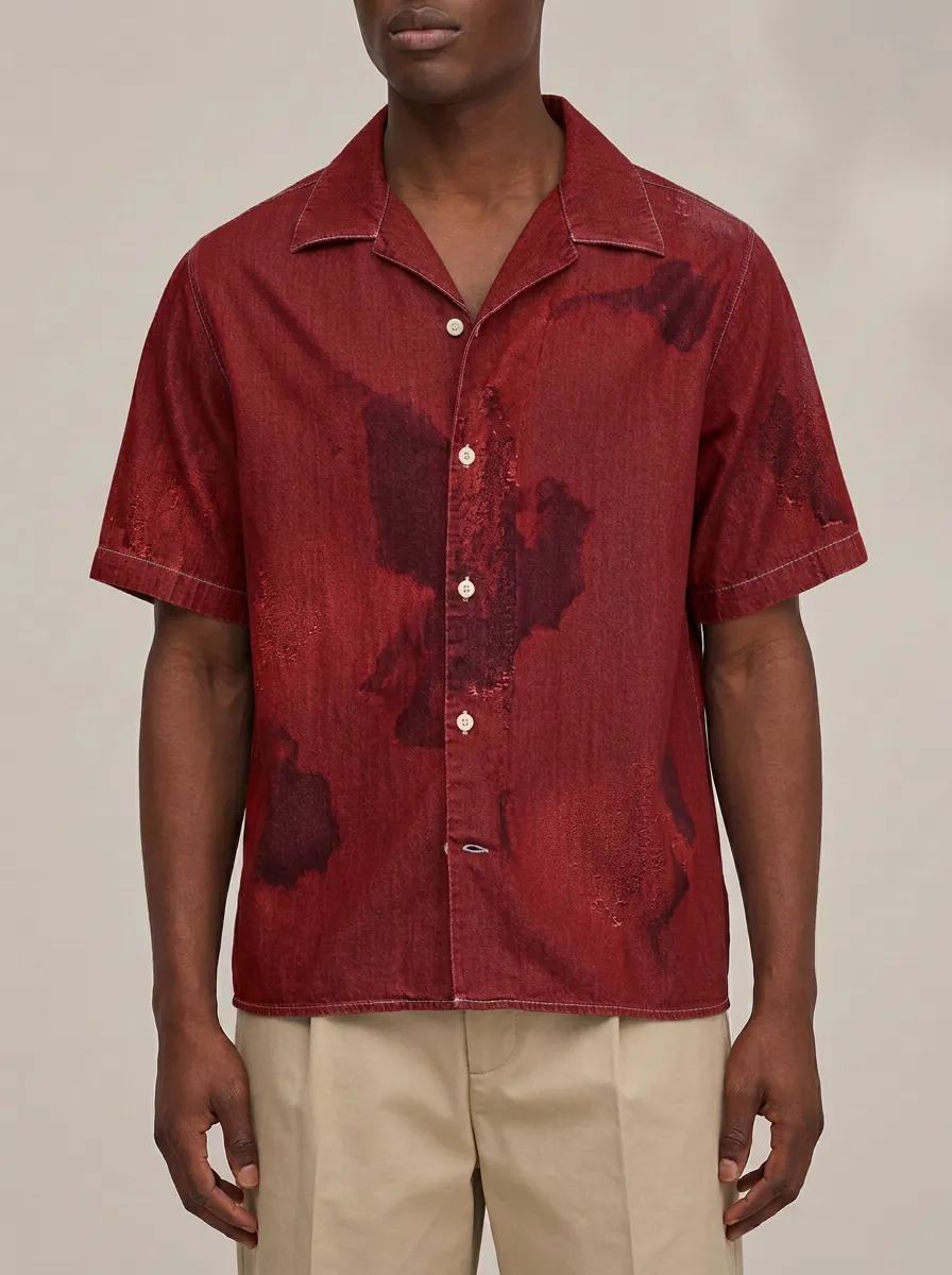 Men's Abstract Ink Wash Short Sleeve Denim Shirt