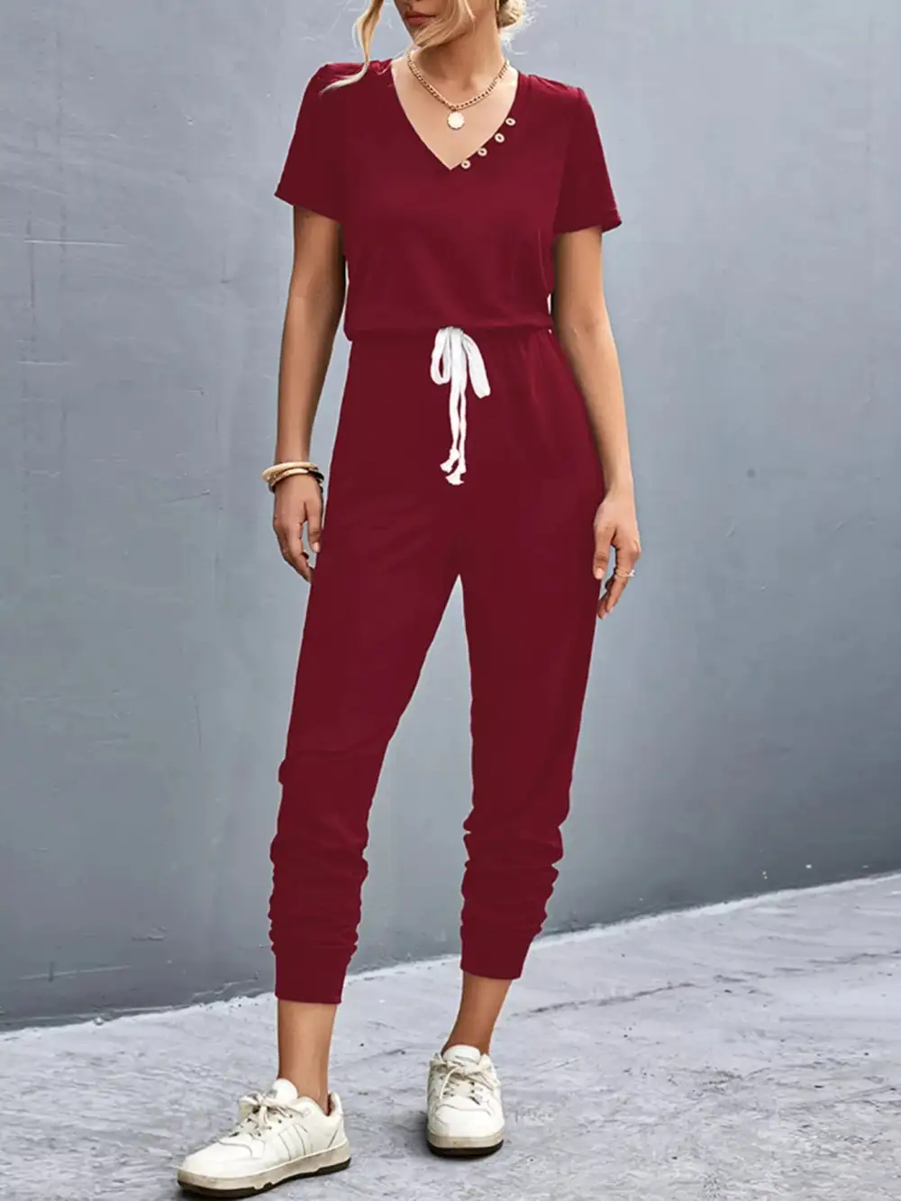 Casual V Neck Short Sleeve Drawstring Shorts