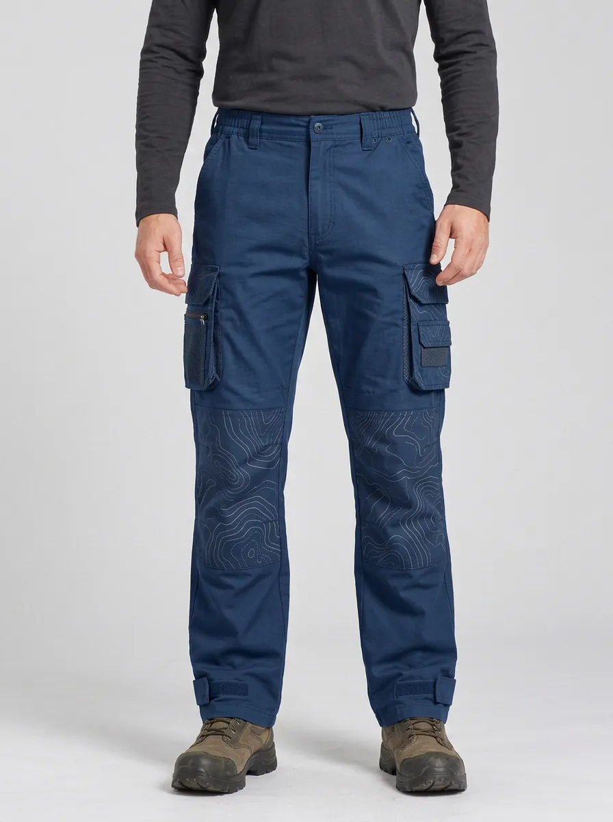 Men's Charcoal Grey Topographic Multi-Pocket Zip Thigh Pocket Tactical Cargo Pants