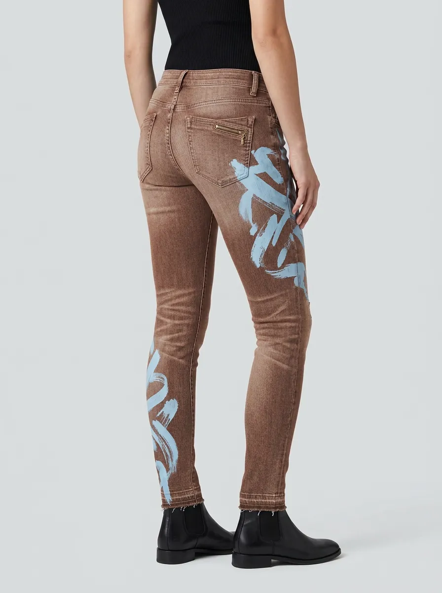 Women's Artistic Style Blue Brushstroke Printed Slim Jeans