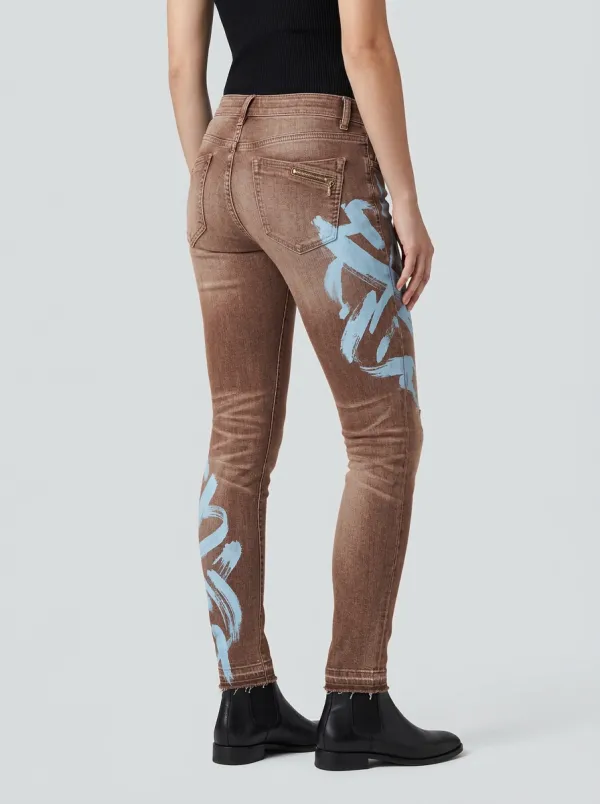 Women's Artistic Style Blue Brushstroke Printed Slim Jeans