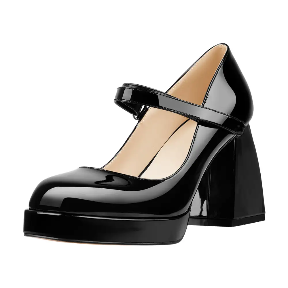 Square Toe Low Platform Chunky Heel Pumps