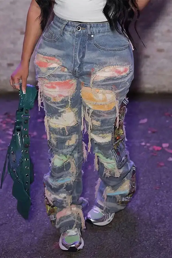 Multicolor Washed Ripped Tie Dye Patchwork Jeans