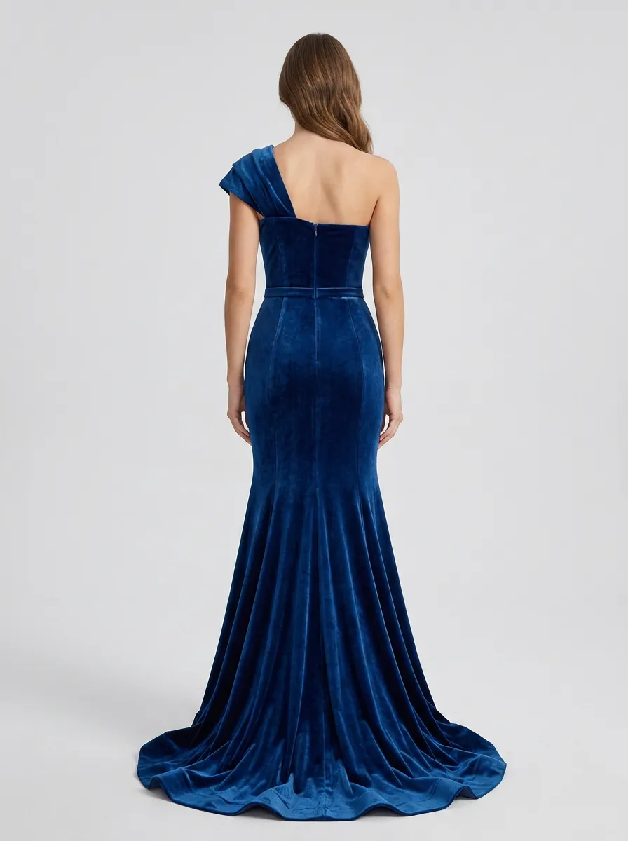 Women's Elegant Evening One-Shoulder Rhinestone Branch Embroidered Velvet Evening Gown
