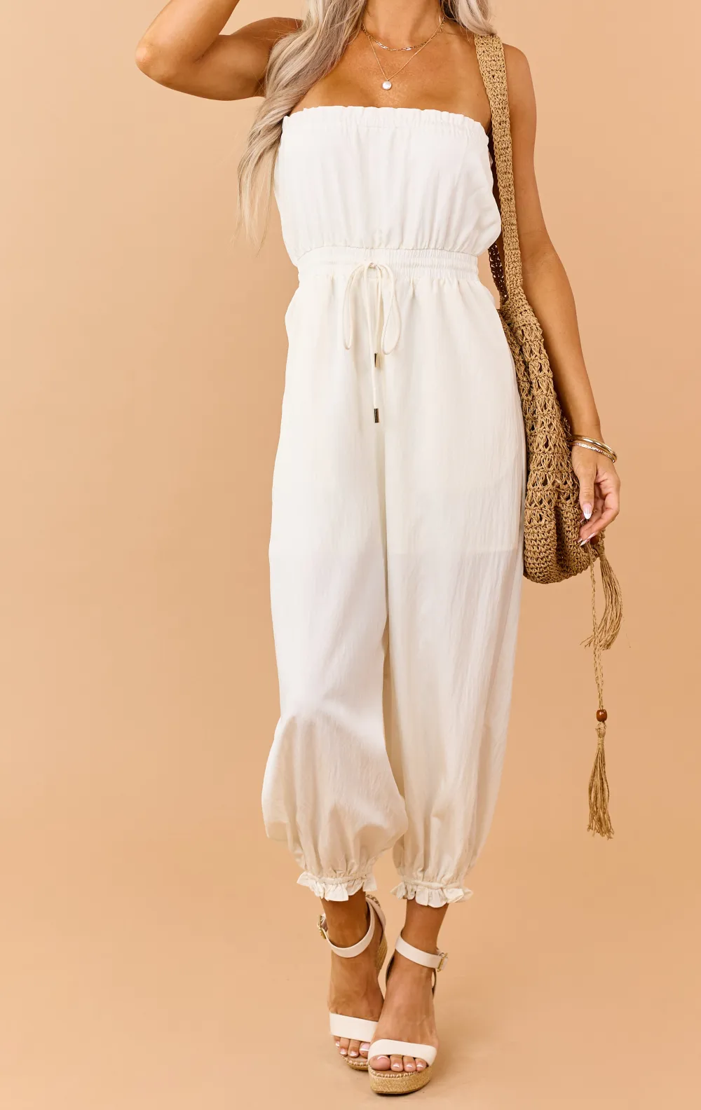 Cream Strapless Balloon Leg Ruffle Trim
