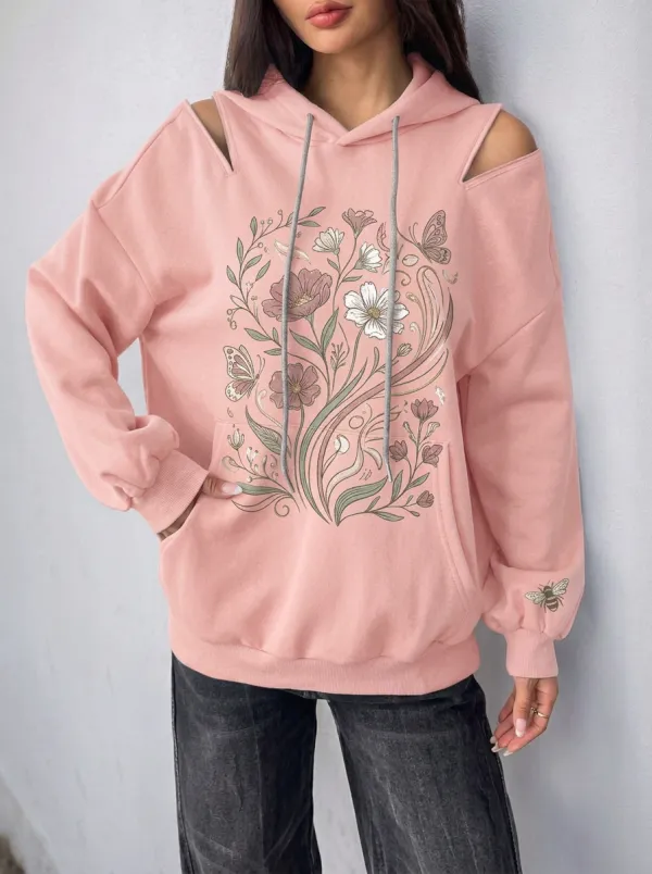Women's Floral Butterfly Bee Nature Printed Cold Shoulder Hoodie
