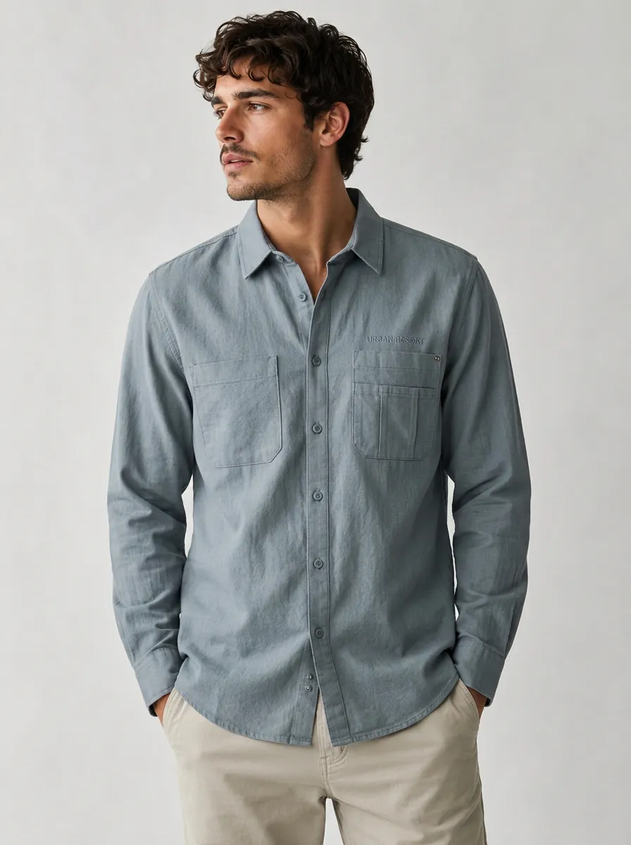 Men's Urban Resort Embroidered Breathable Long Sleeve Shirt
