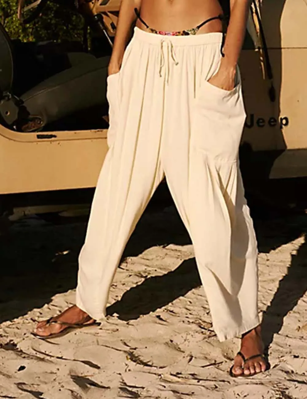 Elastic Waist String Tie Pocket Cozy Pants