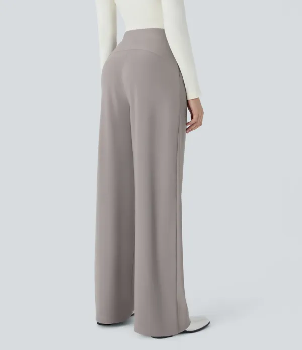  High Waisted Body Sculpt Waist-Slimming Side Pocket Wide Leg Micro Waffle Work Pants