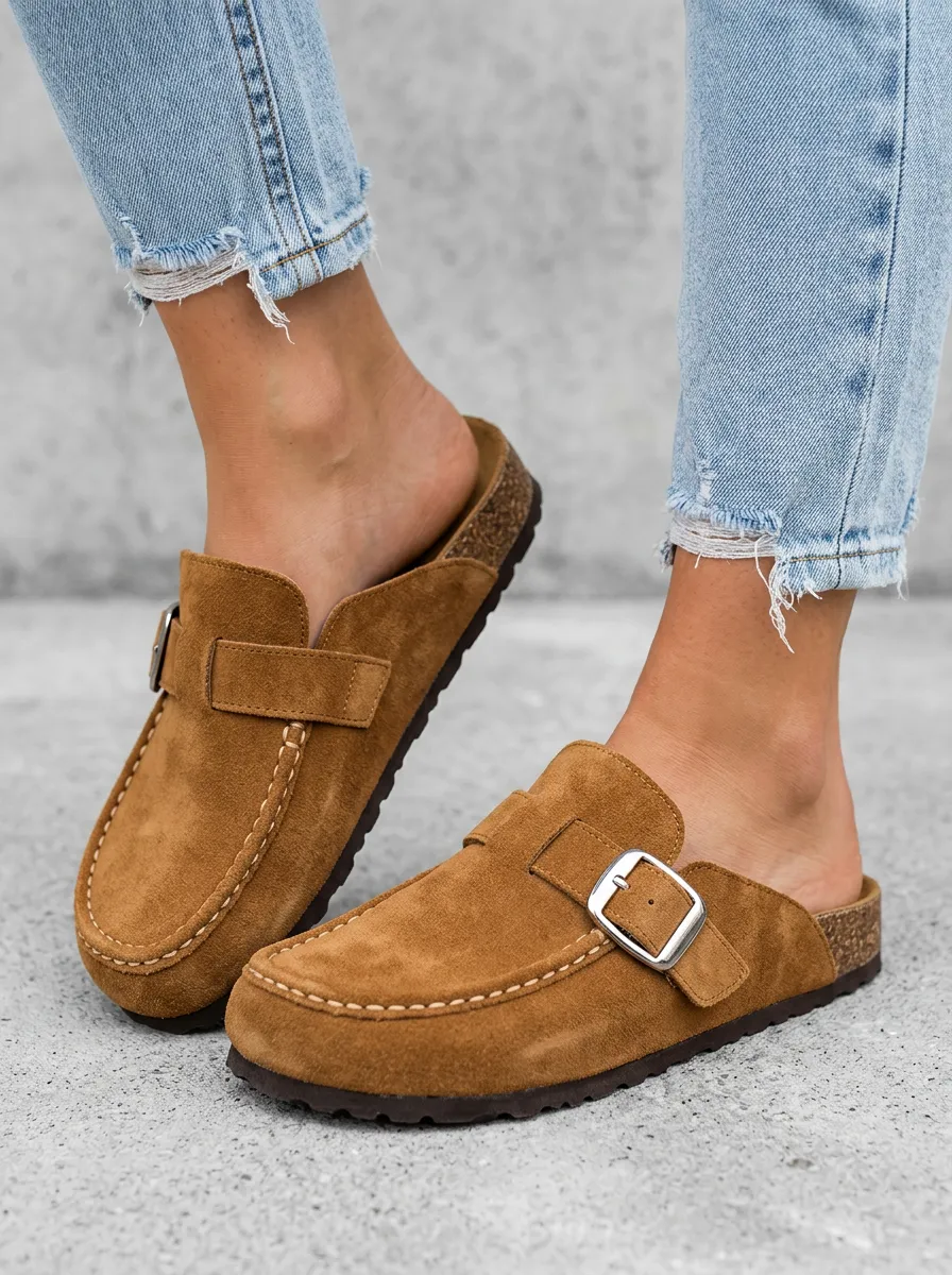 Women's Trail Buckle Detail Casual Suede Wood Sole Loafers