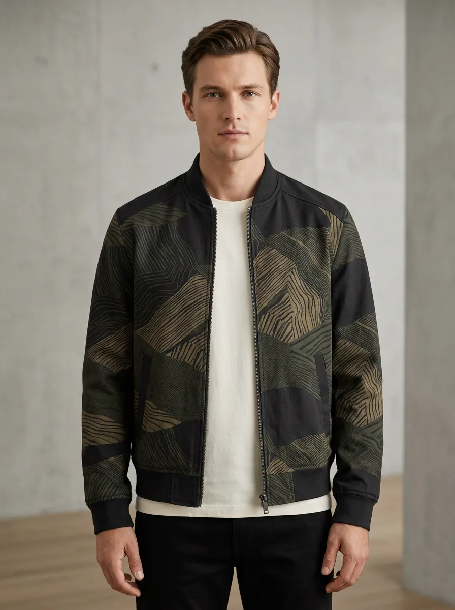 Geometric Print Baseball Collar Ribbed Trim Bomber Jacket