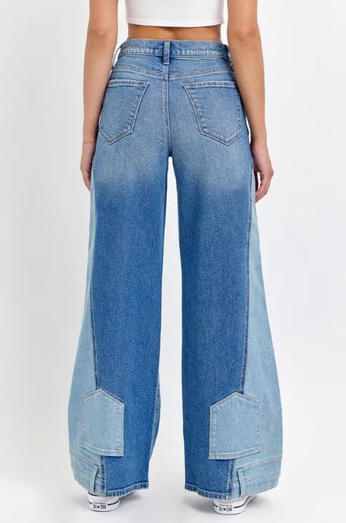 Two Tone High Rise Wide Leg Jeans