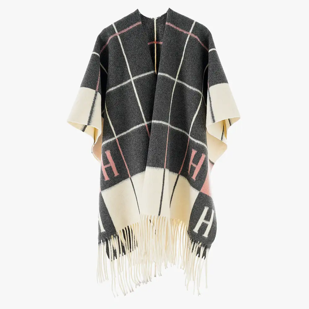 Plaid Monogram Fringed Wrap Scarf