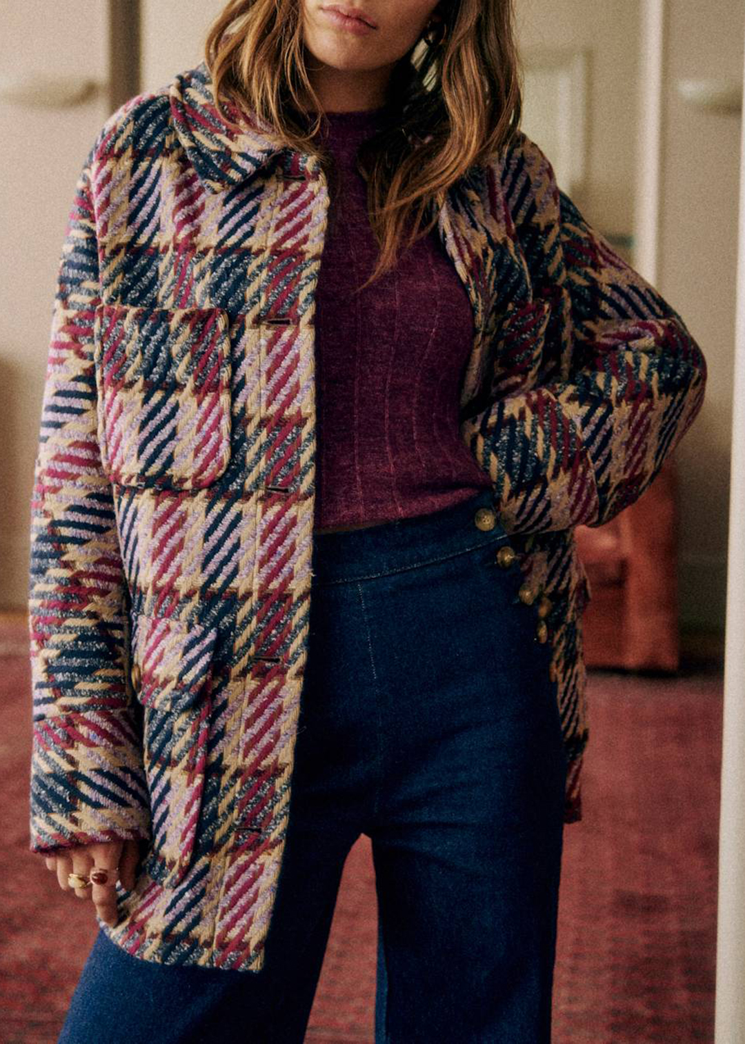 Pink Blue Check Checked Coat With Classic Collar