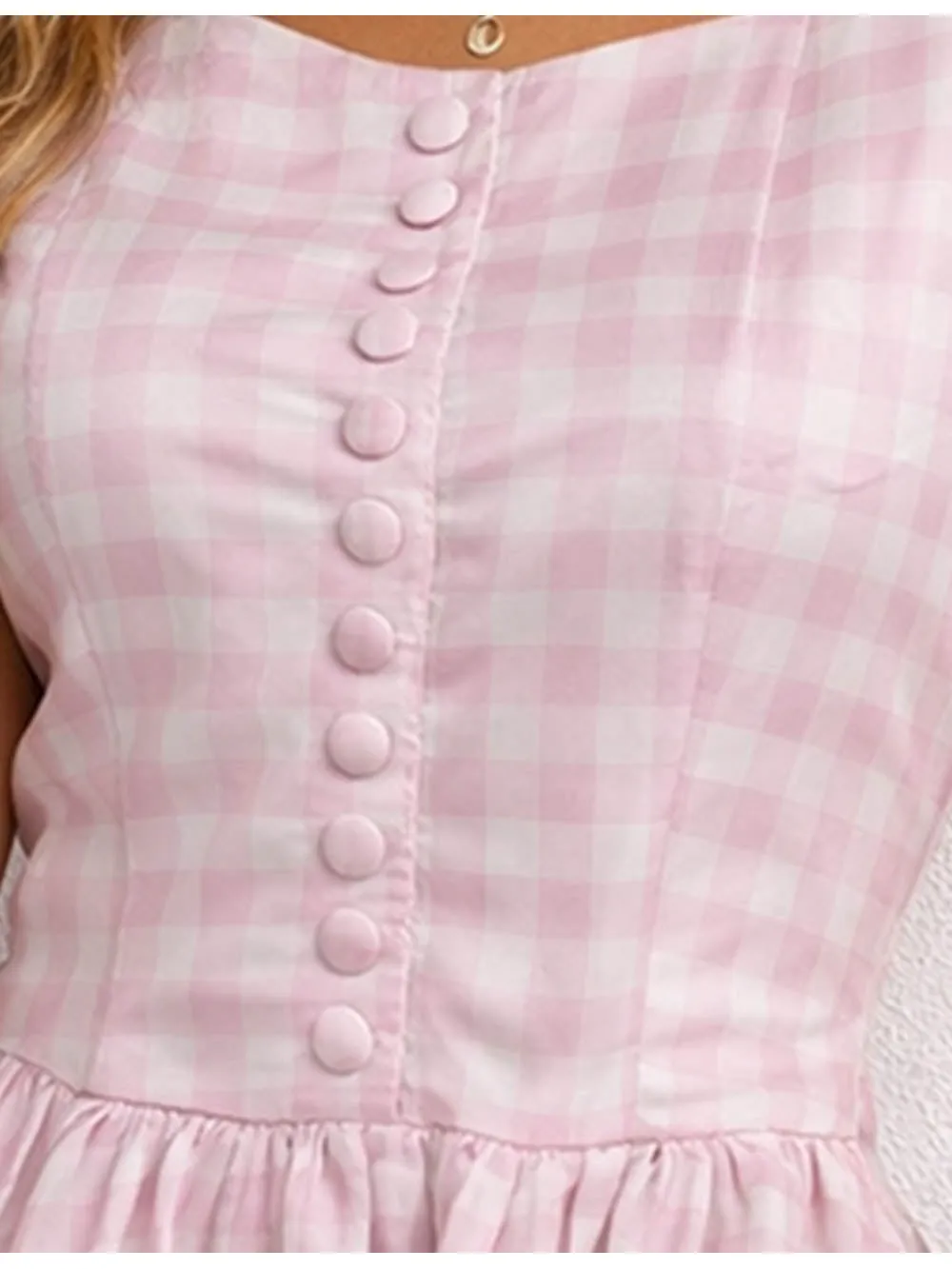Checked Square Neck Sleeveless Puff Hem Mini Dress