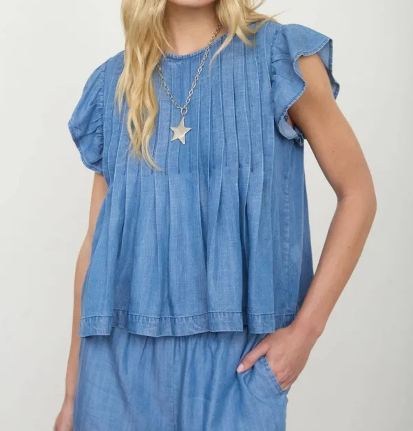 Pintuck Detail Ruffle Sleeve Denim Top