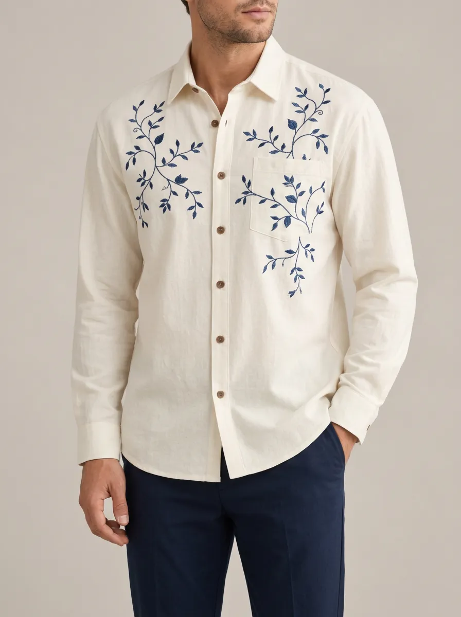 Men's Casual Botanical Embroidered Long Sleeve Shirt